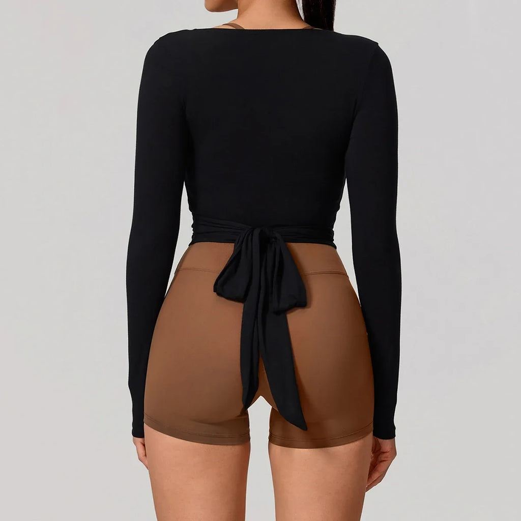 Hearuisavy Summer Women's Yoga Shirt Long Sleeve Sportswear Gym Breathable Quick Dry Sports Top Pilates Dance Ballet Wrap Tops