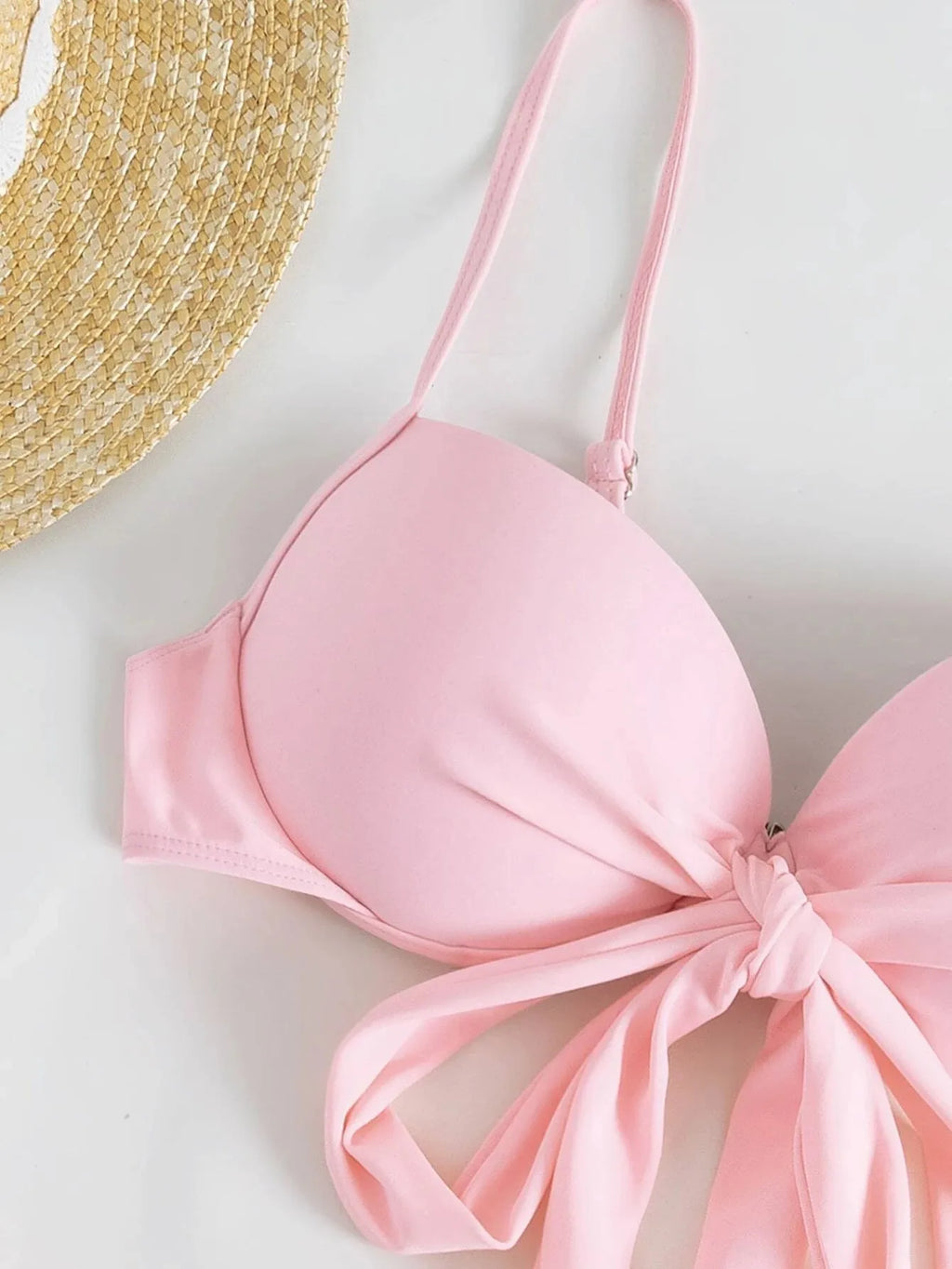 Women solid tie bow push up bikini sets three pieces with wrinkled ruffles mini skirt swimsuit bathing suit beach outfits