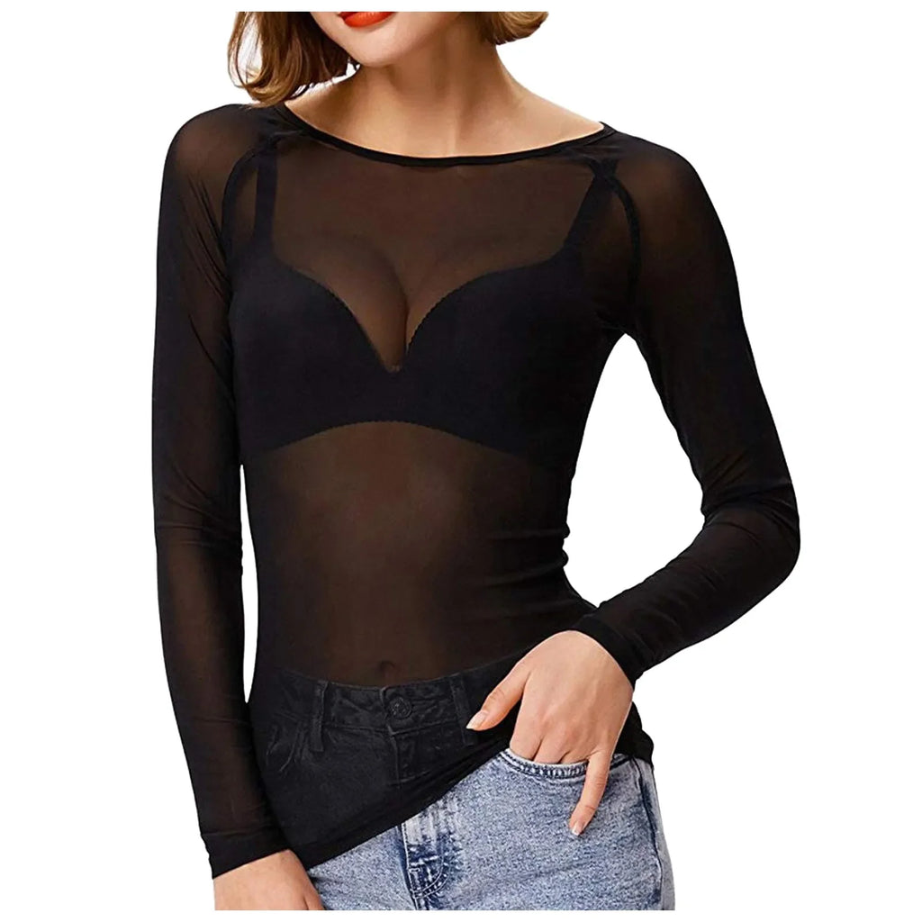 Sexy Women T Shirt See Through Mesh Black Long Sleeve Tees Sheer Slim Fit O Neck Tulle Crop Top Y2k T-Shirt Transparent Clubwear