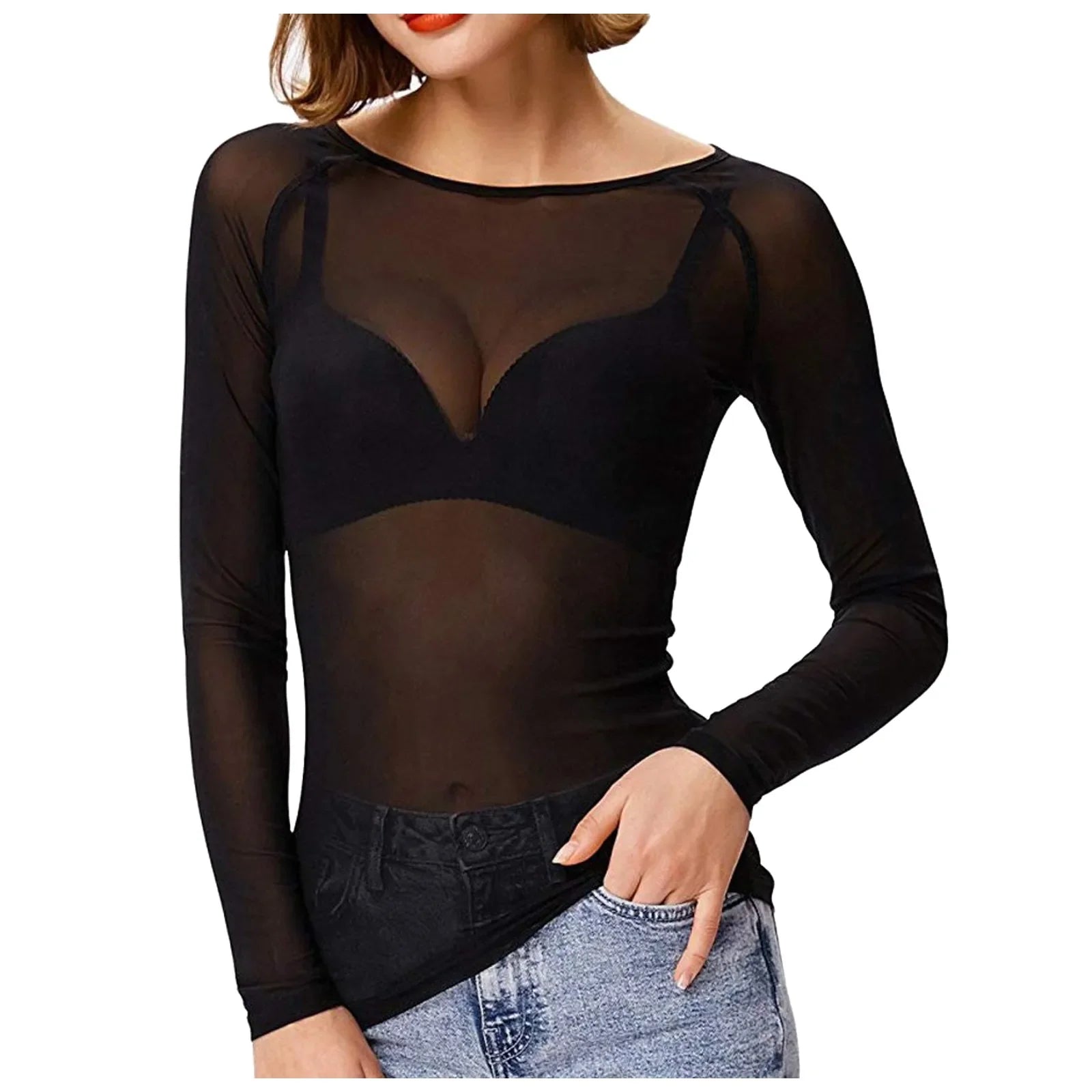 Sexy Women T Shirt See Through Mesh Black Long Sleeve Tees Sheer Slim Fit O Neck Tulle Crop Top Y2k T-Shirt Transparent Clubwear