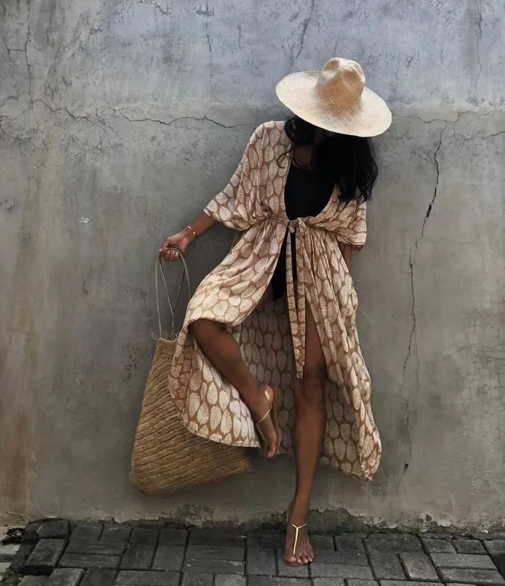 2024 New Summer Sexy Beach Kimono Swimwear Cotton Cover Up Swimsuit Women Print Bikini Cover Up Beachwear Dress Robe