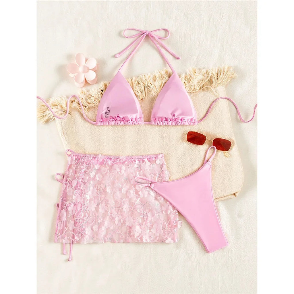 S - XL Three-pieces Bikini set With Skirt Flowers Sequins Bikini Female Swimsuit Women Swimwear Bather Bathing Suit Swim V7864