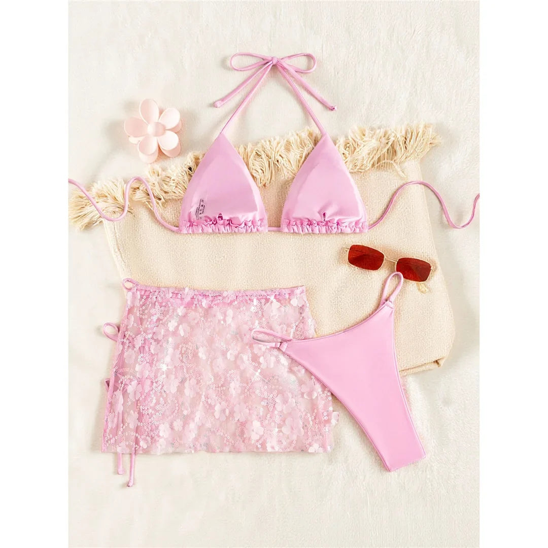S - XL Three-pieces Bikini set With Skirt Flowers Sequins Bikini Female Swimsuit Women Swimwear Bather Bathing Suit Swim V7864