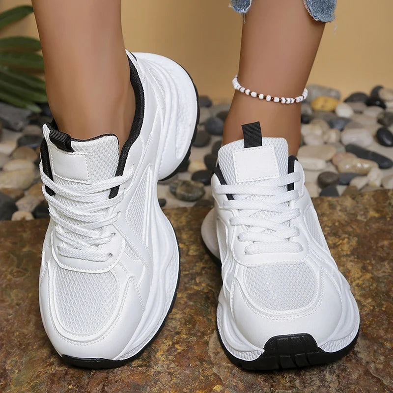 Black White Breathable Chunky Sneakers Women Korean Lace Up Platform Sneaker Shoes Woman Thick Bottom Mesh Sport Shoes Female