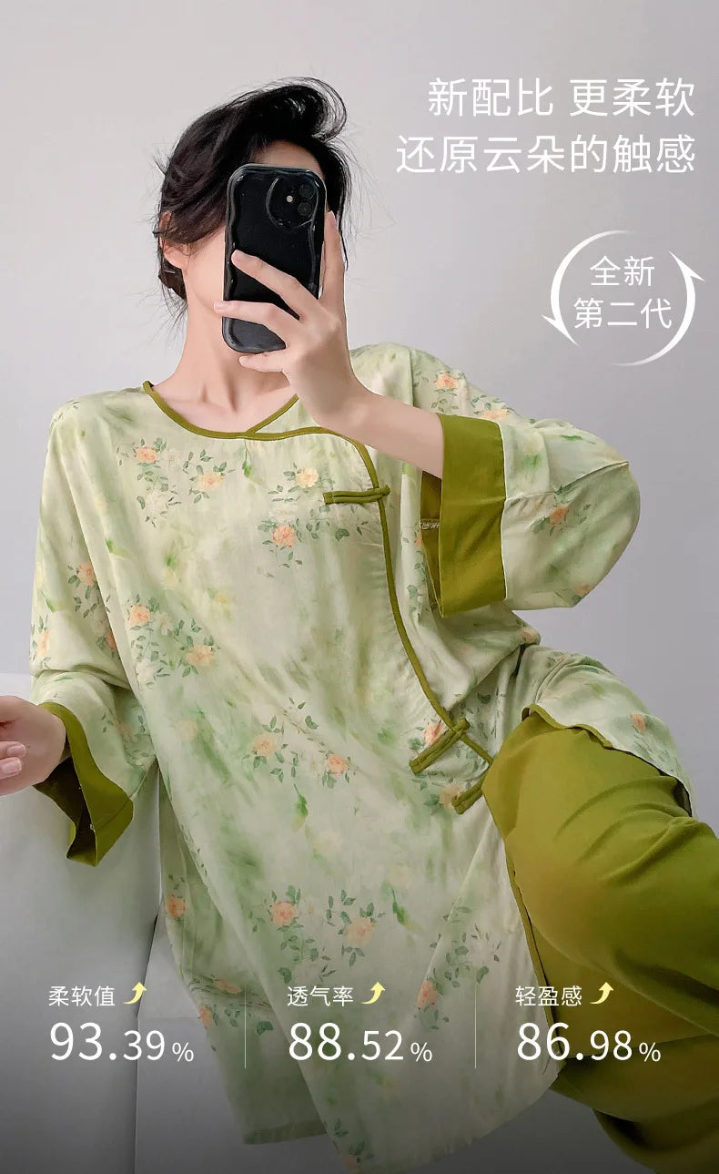 Plus size mother's cotton silk pajamas spring and summer new Chinese style can be worn outside home clothes Mother's Day gift