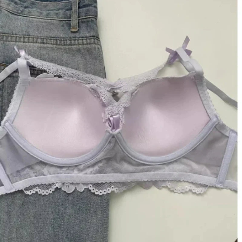 MOYISU Kawaii Heart Bra Set, Purple Lace Lingerie Sexy Pure Design, Push Up Bralette Sml Boobs Fashion Outerwear Statement Piece