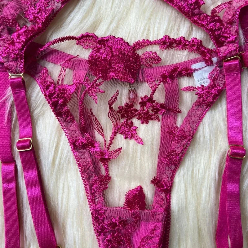 Toucheart Sexy Lingerie Embroidery Printing Bra Garters Set For Women Mesh See- Through Hollow Out Exotic Sexy Underwear Suit