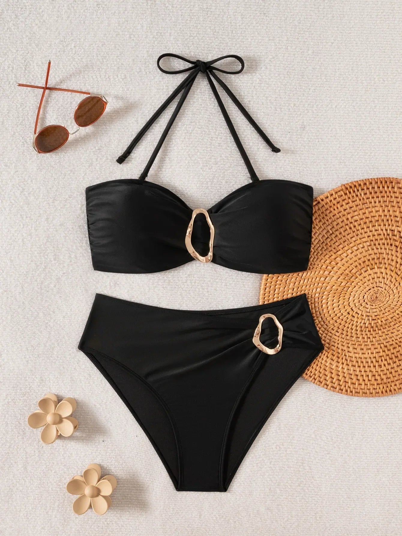 S - XL Metal Rings Halter Female Swimsuit High Waist Bikini Women Swimwear Two-pieces Bikini set Bather Bathing Suit Swim Lady