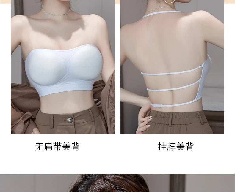 MOYISU Strapless Push Up Bra Underwear, Cross Back for Small Chest, Padded Enhancer Adhesive Lift to Look Bigger, Deep Plunge