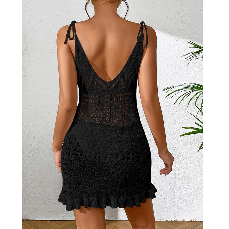 DEKA Style Knitting Multicolor Slip Dress Fashion Hollow Out Short Dress Women's Beach Holiday Bikini Cover Up Fishnet Crochet S
