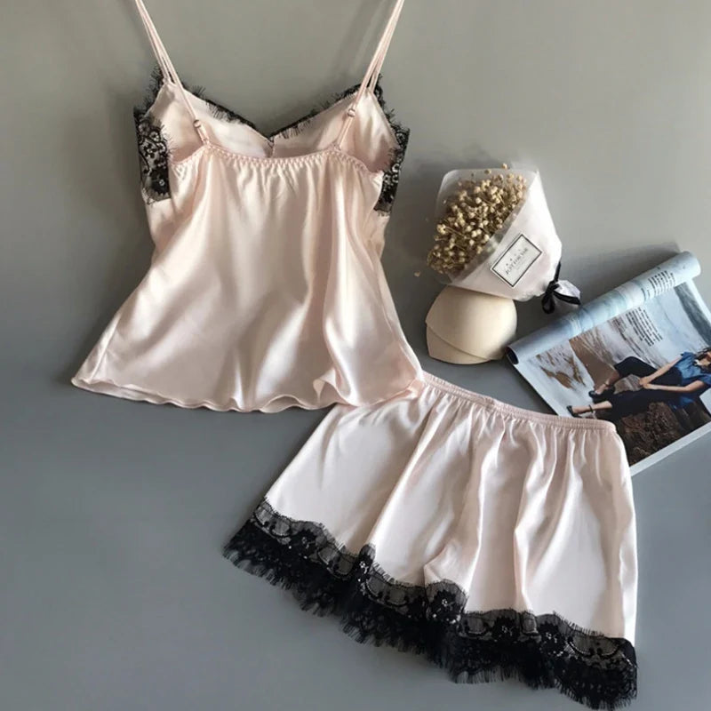 Women's Lace Satin Pajama Sets Sexy Nightwear Summer Sleeveless Tops+Shorts 2 Pcs Pyjamas Sleepwear Loungewear