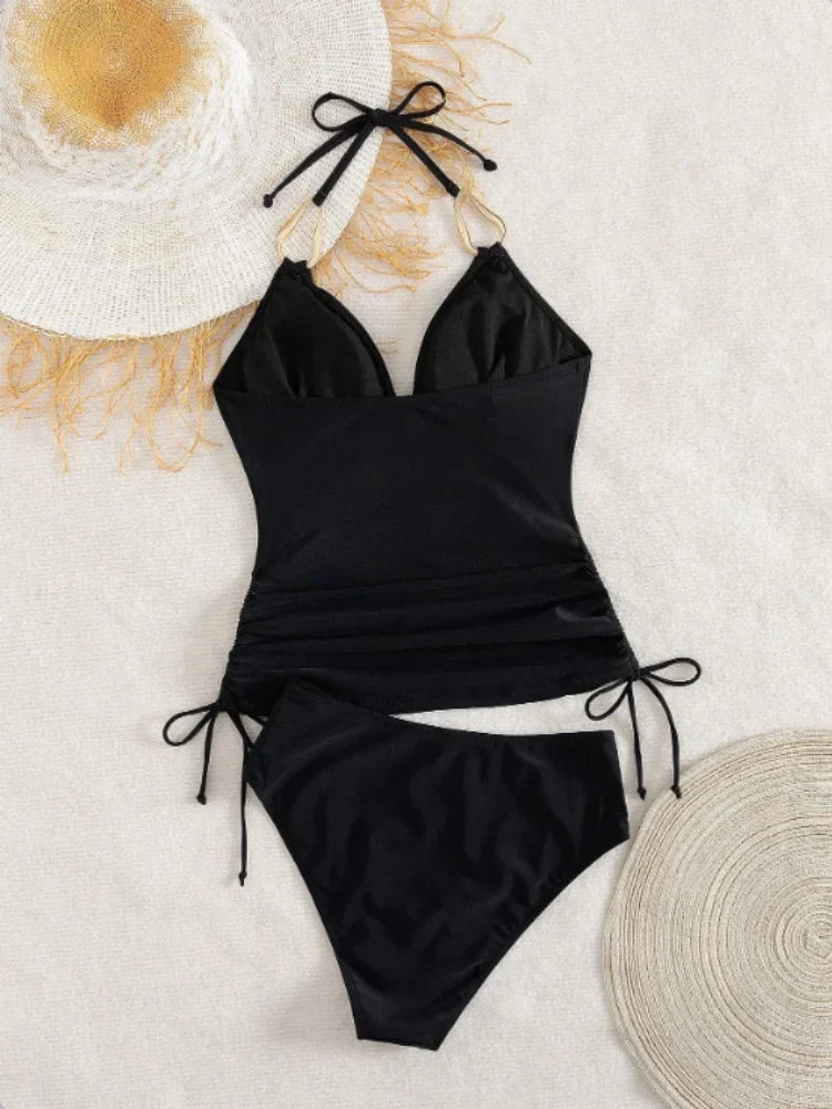 Vintage Black Two Piece Bikini Set 2026 Women Metal Buckle Strap V Neck Pleate Tank Top High Waist Bikini Bathing Suit Swimwear