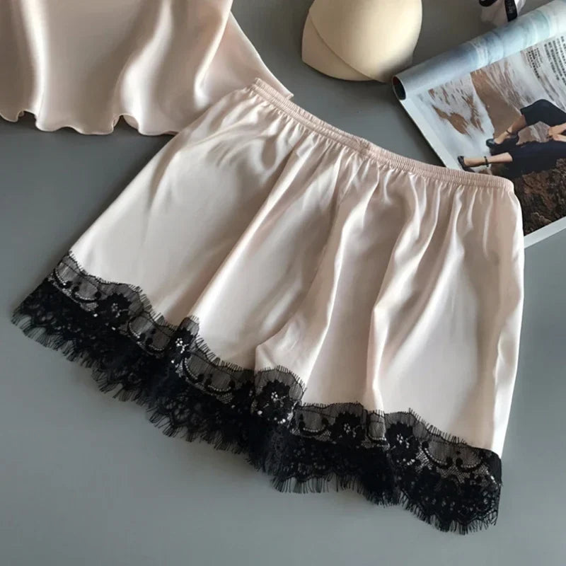 Women's Lace Satin Pajama Sets Sexy Nightwear Summer Sleeveless Tops+Shorts 2 Pcs Pyjamas Sleepwear Loungewear