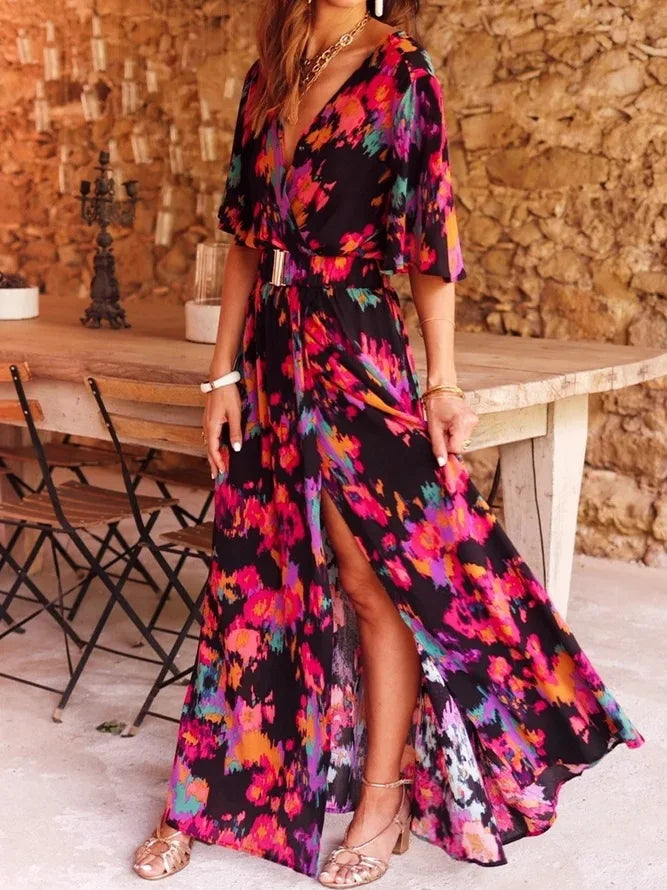 Spring Summer Printed Dress Short Sleeved Deep V-neck Slimming Waist Long Dresses Temperament Slit Dresses Vestidos Para Mujer