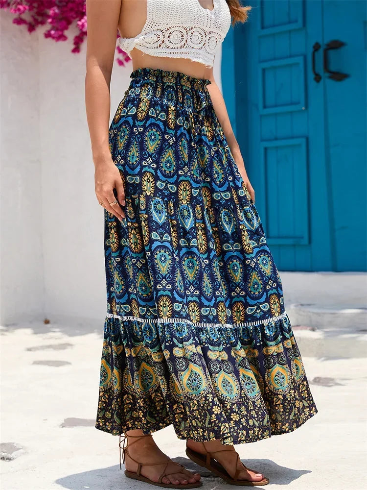 Women's Loose Long Skirt Bohemian Print Elastic Waist Ruffle Flowy Pleated Skirts Summer Beach Party Streetwear