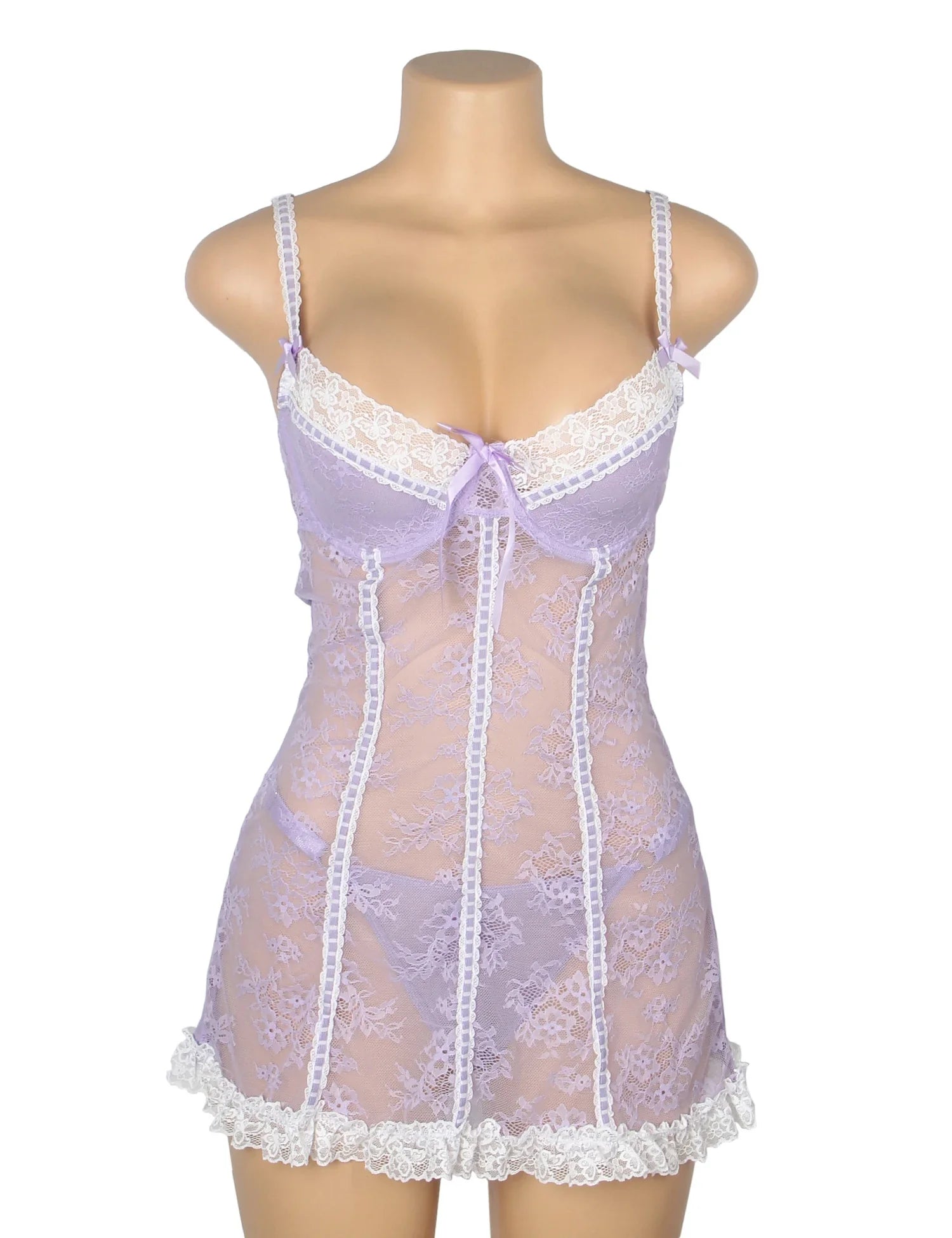 Purple Sexy Lace Ruffled Suspender Babydoll Nightdress for Women Push Up Chemise Sleepwear Lingerie