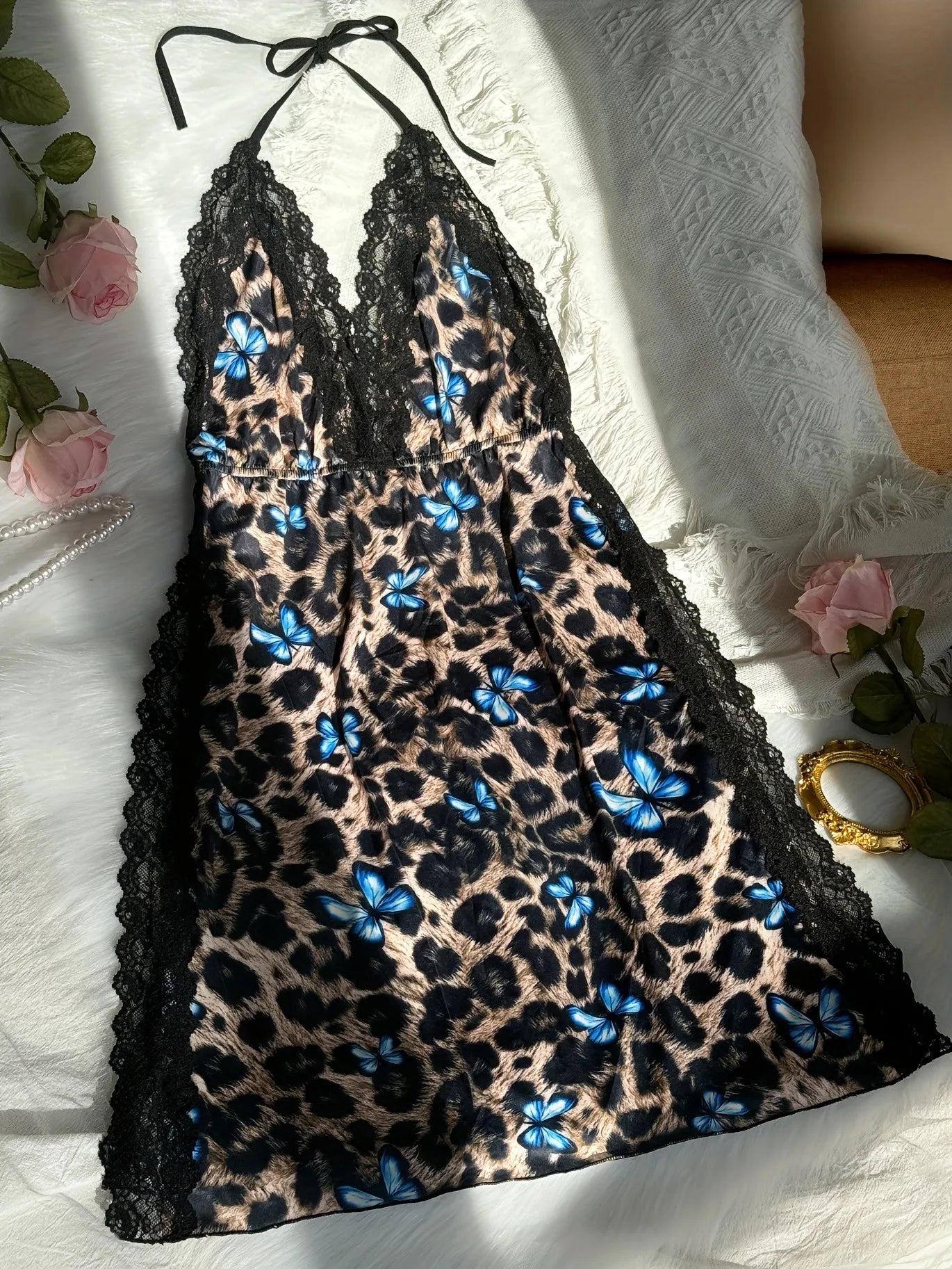 Women Leopard Print Lace Nightgown V Neck Cami Sleepwear Adjustable Spaghetti Strap Side Slit Lounge Dress