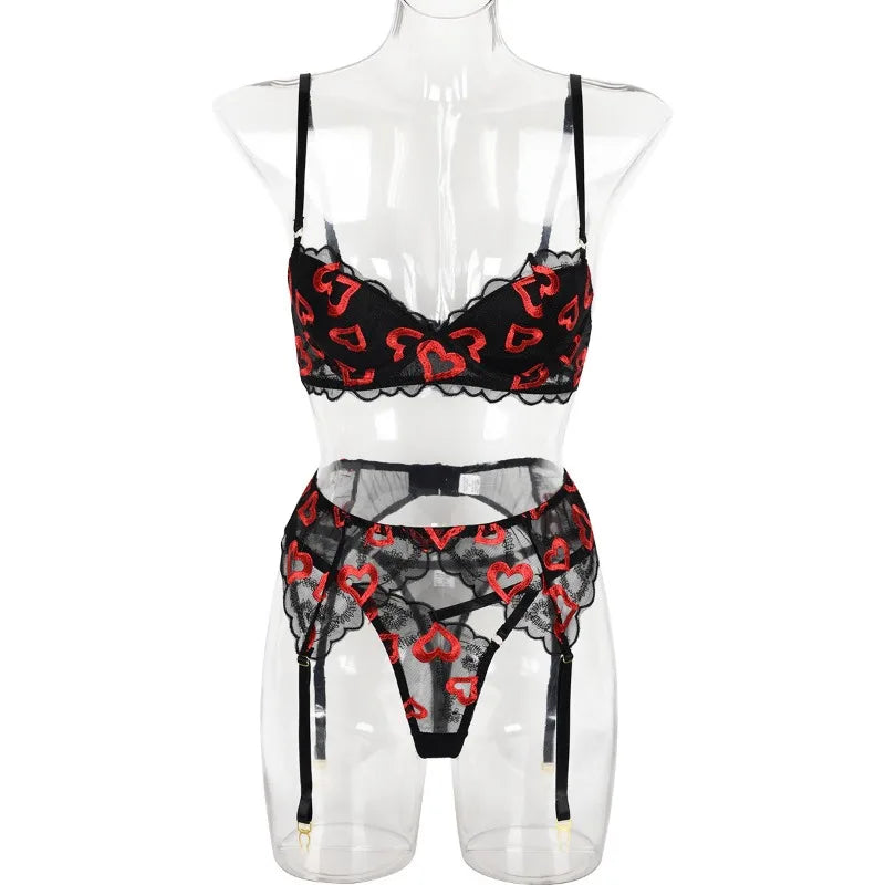 Toucheart Sexy Bra Lingerie 2-piece Set Mesh Transparent Bodysuit Heart Embroidery Lace Hollow Underwear Sexy Bras Body Femme