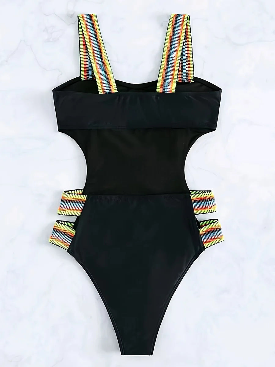 Splicing Black Contrast Women Swimwear One Piece Swimsuit Female Monokini High Cut Bather Backless Bathing Suit Swim Beachwear