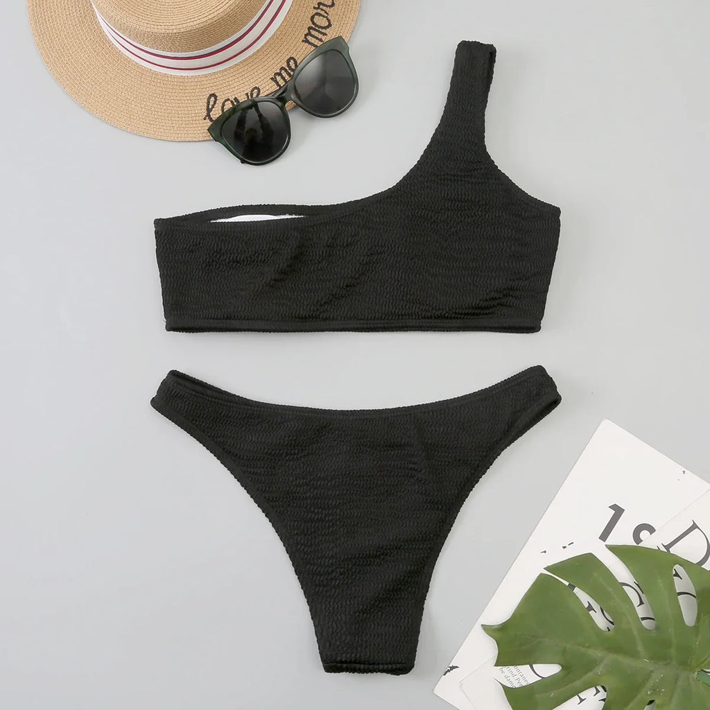 One Shoulder Bikinis 2026 Women Sexy Swimwear Female Brazilian Swimsuit Solid Beachwear Bathers Bathing Swimming Swim Suit