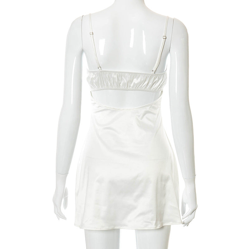 Women Summer Mini Dress Spaghetti Strap Lace Trim Corset Backless Satin Dress Retro Sexy Elegant Club Dresses Female