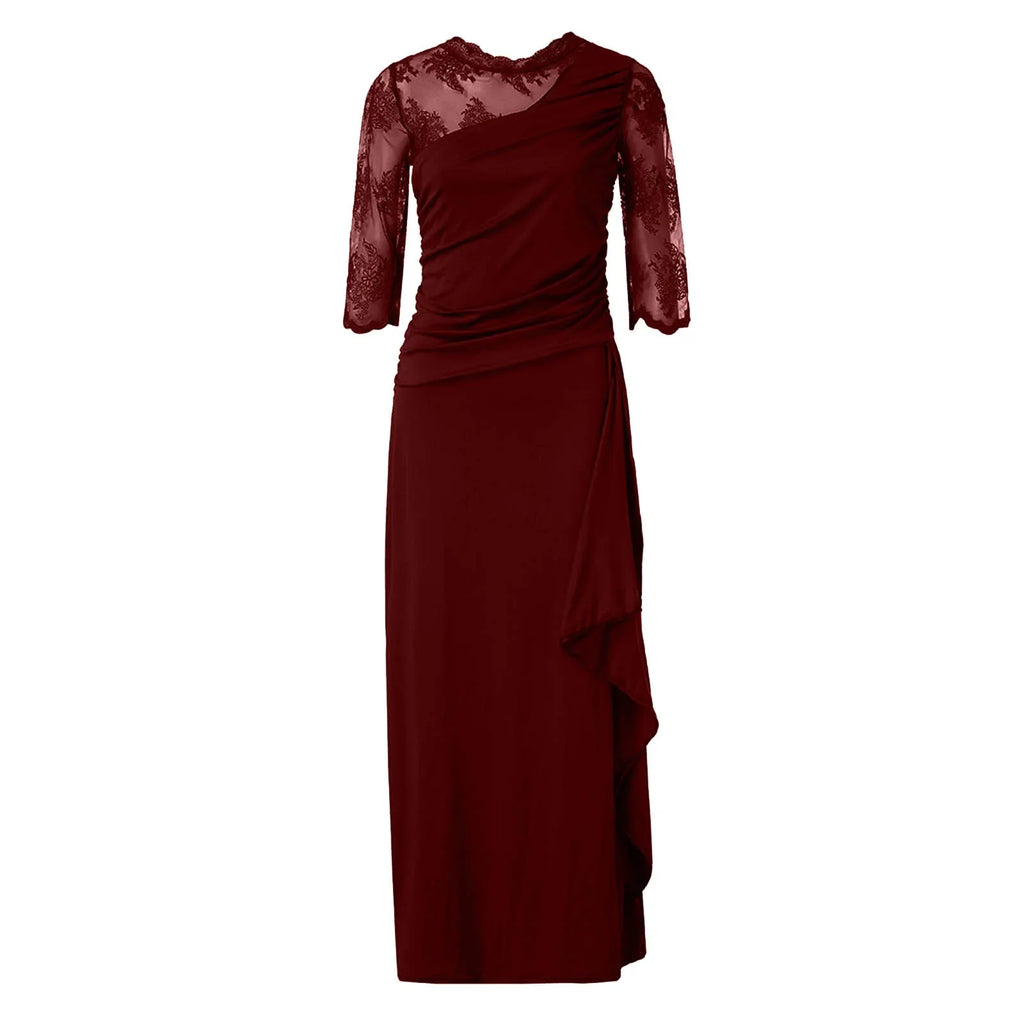 Women Elegant Lace Long Dress Sexy See Through Round Neck Mid Sleeve Dress Solid Color Evening Party Prom Dress Cocktail Gown