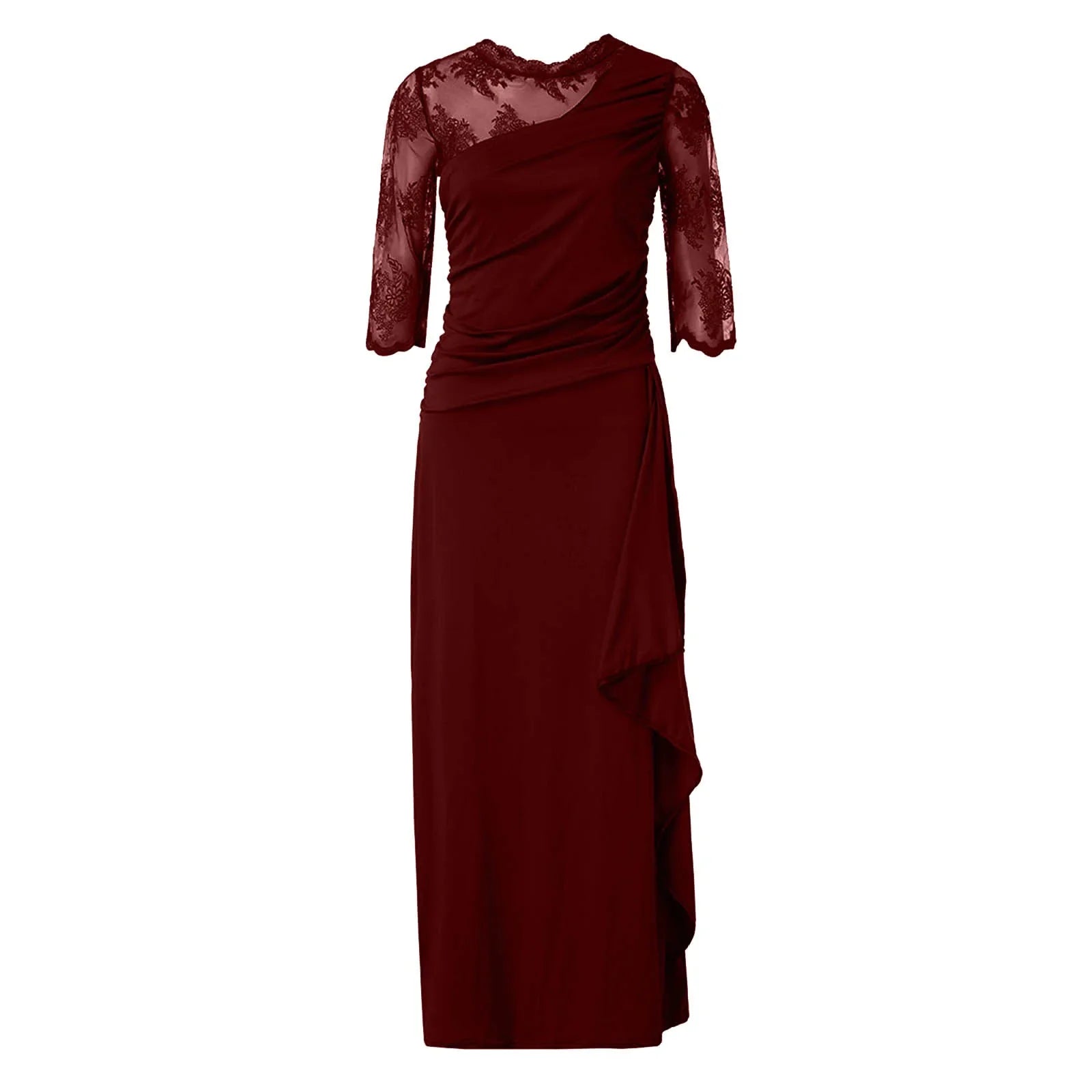 Women Elegant Lace Long Dress Sexy See Through Round Neck Mid Sleeve Dress Solid Color Evening Party Prom Dress Cocktail Gown