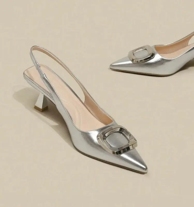 Brand Woman Slingback Shoes Fashion  Spring New Ladies High Heels Elegant Med Heel Pointed Toe Slip on Sandal Mules