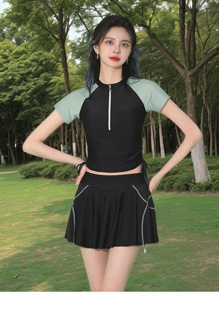 Split Sports Swimsuit, Women's Flat Corner Skirt Style Two-piece T-shirt, Girls' Student Sun Protection Swimming Suit