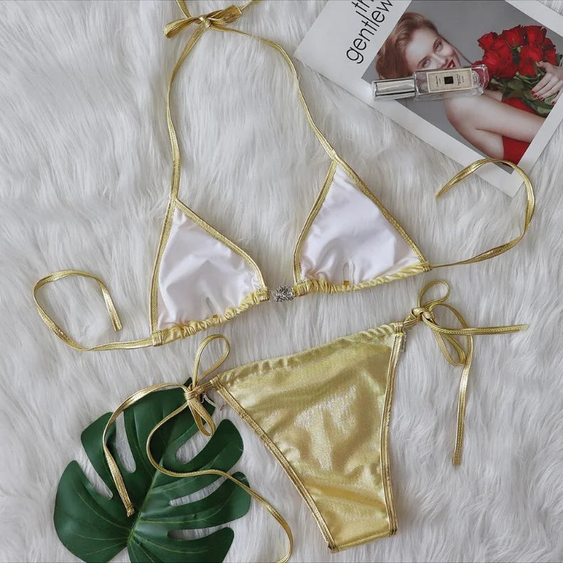 Bikini 2026 Sexy Heart-shaped Rhinestone Tassel Shining Fabric Solid Swimwear Swimsuit Women Bikini Set Bathing Suit Bikini Luxe