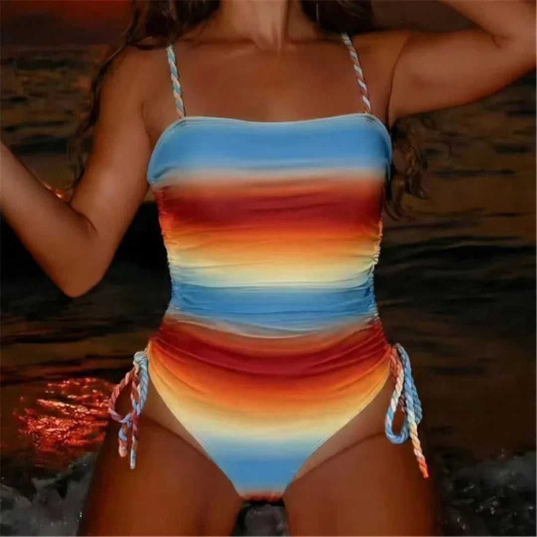 S - XL Gradient Knitted Cross Back Women Swimwear High Leg Cut Monokini Bather Bathing Suit Swim One Piece Swimsuit Female K8129