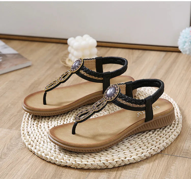 2026 New Shoes for Women Bohemia Crystal Sandals Women Shoes Rhinestone Lady Flip Flops Pearl Slip on Flat Beach Shoes