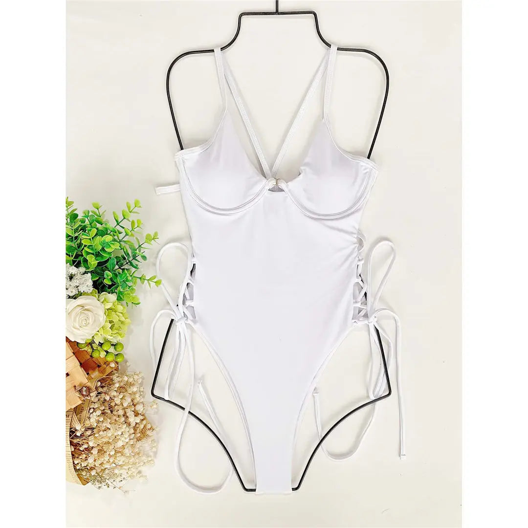 S - XL Sexy Lace Up Underwired One Piece Swimsuit Women Swimwear Female Backless Monokini Bather Bathing Suit Swim Lady V2906