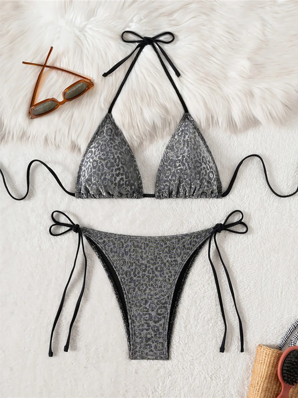 Sparkling Leopard Halter Bikini Female Swimsuit Women Swimwear Two-pieces Bikini set High Leg Cut Bather Bathing Suit Swim K7182