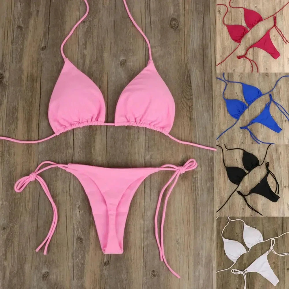 2025 Sexy Halter Solid Color Bikini Set Women's Swimsuit Two-Piece Triangle Thong Swimwear Bathing Suit for Beach Biquinis