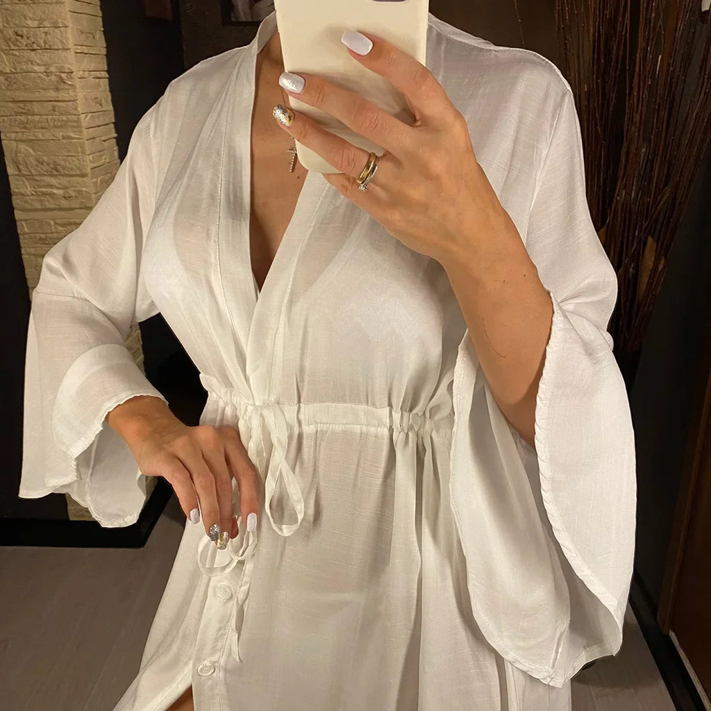 New Sexy Beach Long Maxi Dress Women Beach Cover Up Tunic Pareo White V Neck Dress Robe Swimwear Cover Up Bikini Beachwear V2623