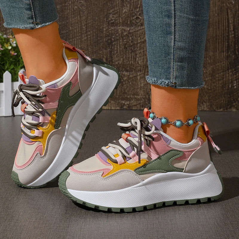 New Mixed Color Chunky Platform Sneakers Women 2026 Fashion Lace Up Thick Bottom Vulcanized Shoes Woman Non Slip Old Dad Shoes