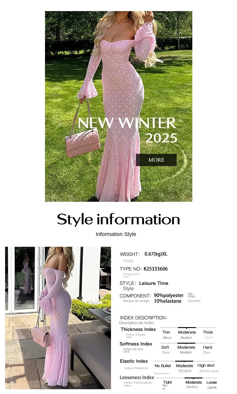 Elegant French Style Pink Long Dress Women Lace Long Sleeved Dress Evening Gown Party Wedding Dress up Lady Spring Summer Outfit