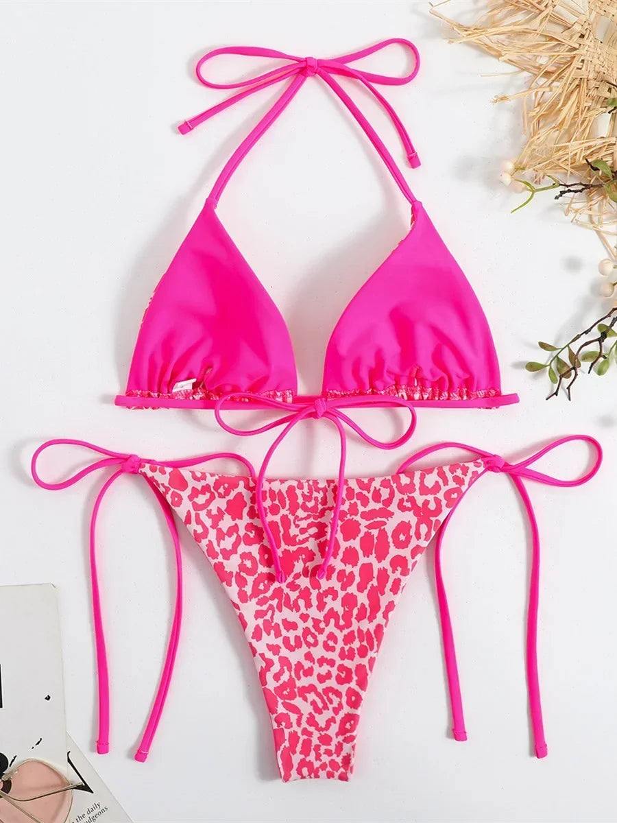Sexy Micro Bikini 2025 Women Pink Leopard Print Neon Double Side Push Up Swimsuit Brazilian Beach Bathing Suit Thong Swimwear