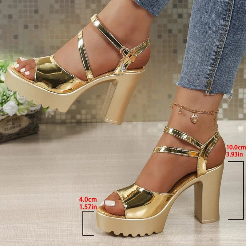Luxury Gold Chunky High Heeled Sandals Women Fashion Buckle Strap High Heels Shoes for Woman Summer Peep Toe Platform Sandles