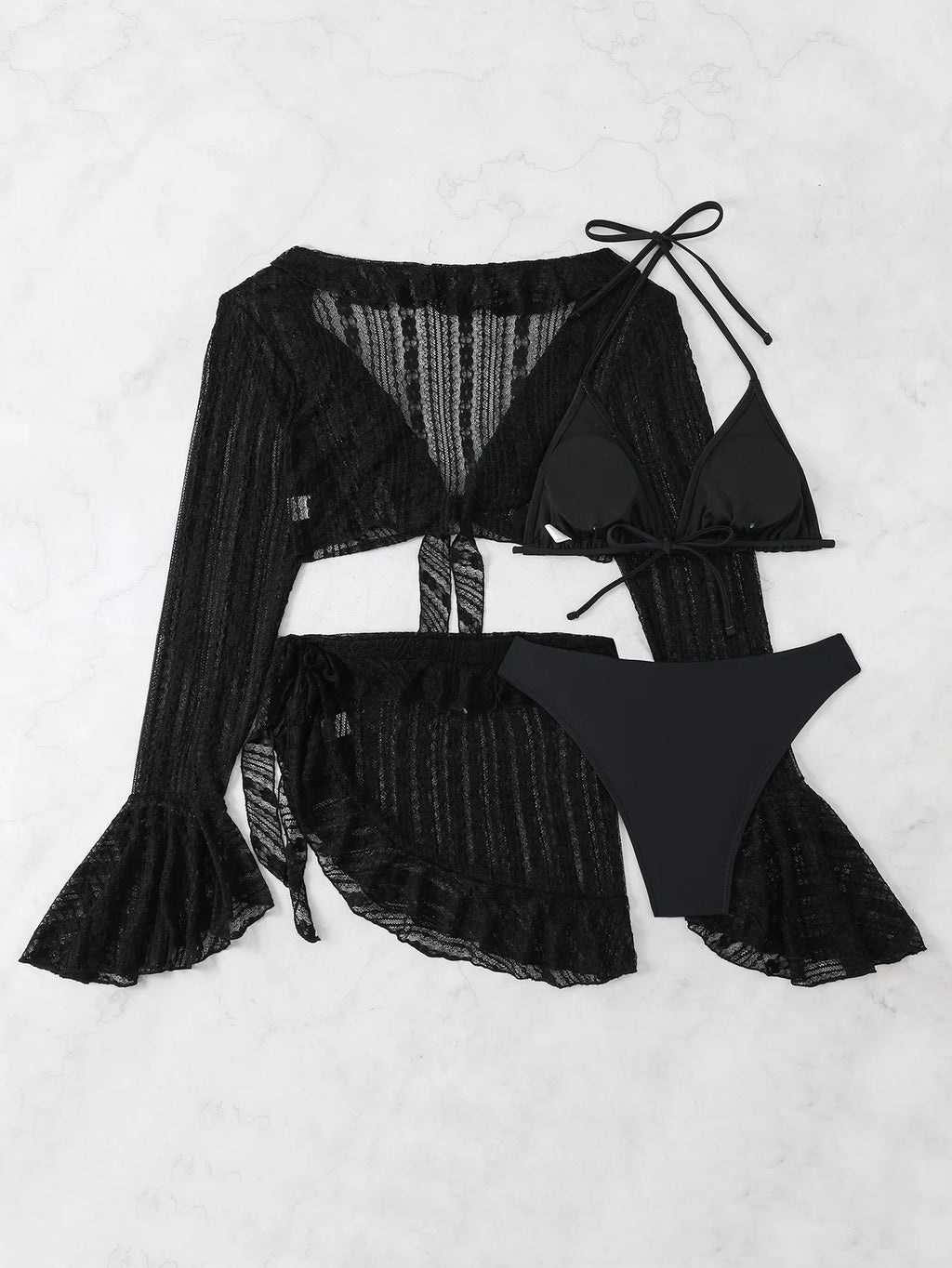 Women micro mini halter bikini sets 4 pieces with ruffles perspective cover tops and skirt swimsuit bathing suit beach outfits