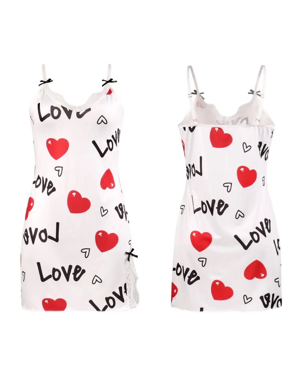New Sexy Black Nightgown for Women Red Heart  Love Print Satin Lace Trim Mini Chemise Adjustable Spaghetti Strap Lingerie
