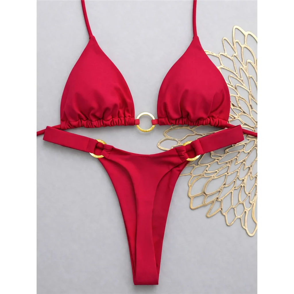 XS - L Halter Metal Ring Mini Thong Bikini Female Swimsuit Women Swimwear Two-Pieces Bikini Set Bather Bathing Suit Swim V8107