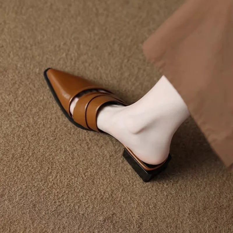 2026 New French Chunky Heel Pointed Toe Mule Slippers Women Fashion Spring Summer Retro Shoes Scuff Slippers