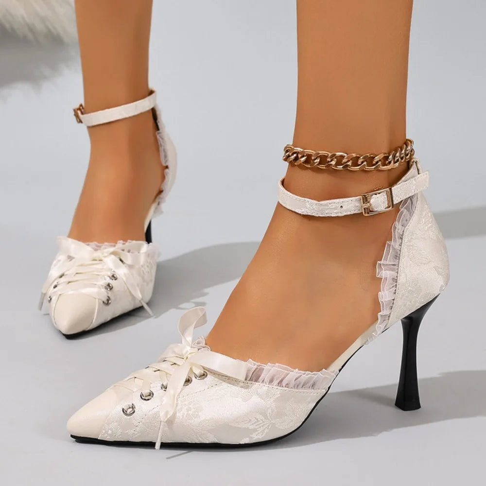 Spring Women's Sandals Pointed Toe Thin Heels 8cm Ankle Buckle Strap French Lace Up Ladies Pumps Dress Shoes Sandals New 2026