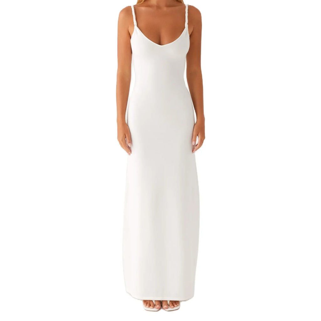 Women Sleeveless Summer Solid Color Twisted Straps Dresses V-Neck Backless Party Club Vacation Beach Long Dresses