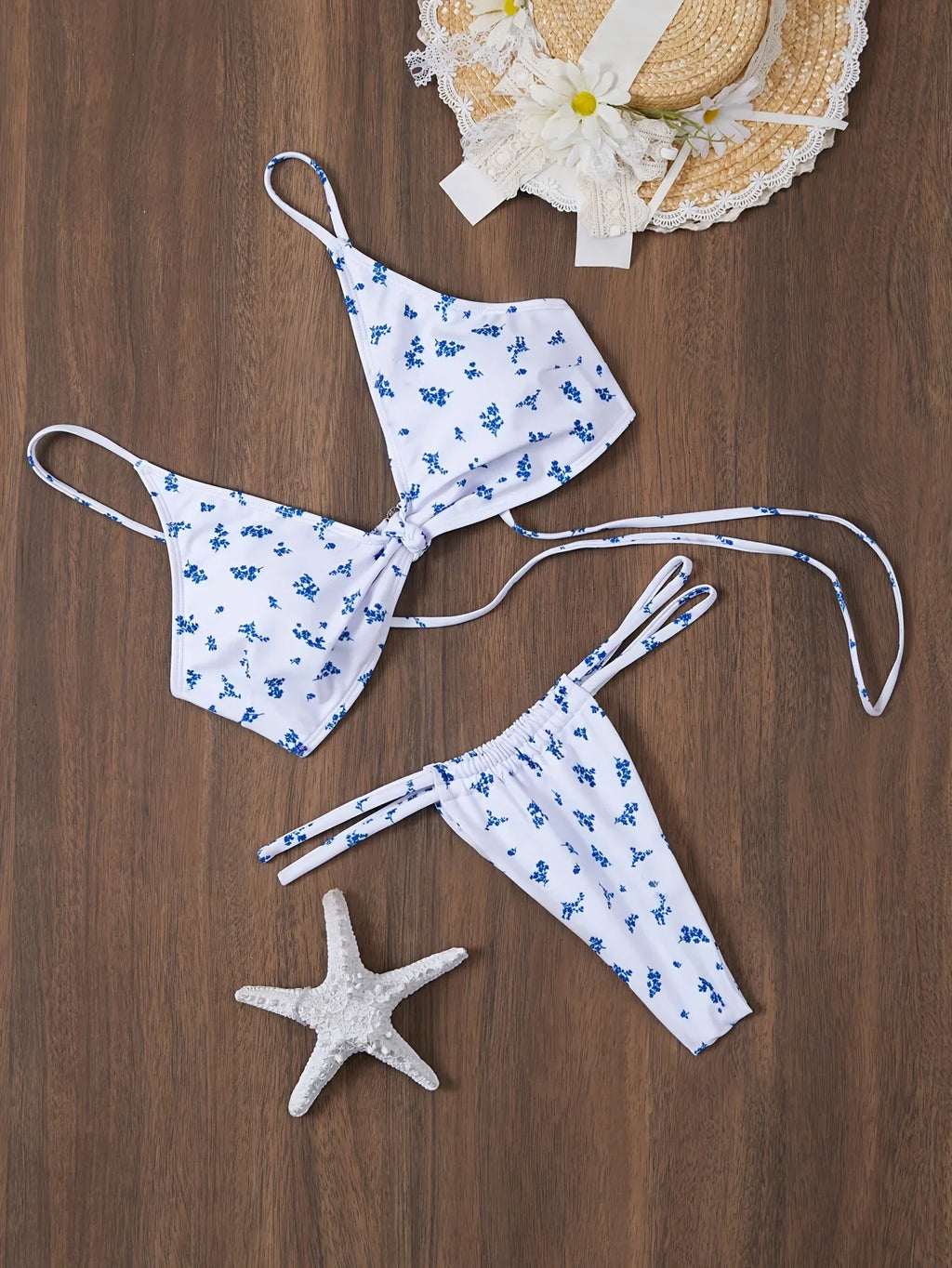Sexy blue floral print front knot bikinis sets two pieces thong swimsuit Swimwear bathing suit beach outfits biquini tankini