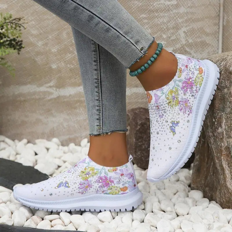 2025 Fashion Crystal Platform Sneakers Women Plus Size Slip On Flowers Printed Flats Woman Breathable Soft Sole Wakling Shoes