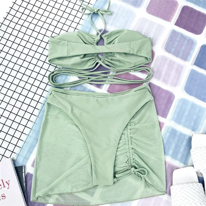 Wrap Around with Mesh Sarong Skirt Bikini Female Swimsuit Women Swimwear Three-pieces Bikini Set Beachwear Bathing Suit Swim