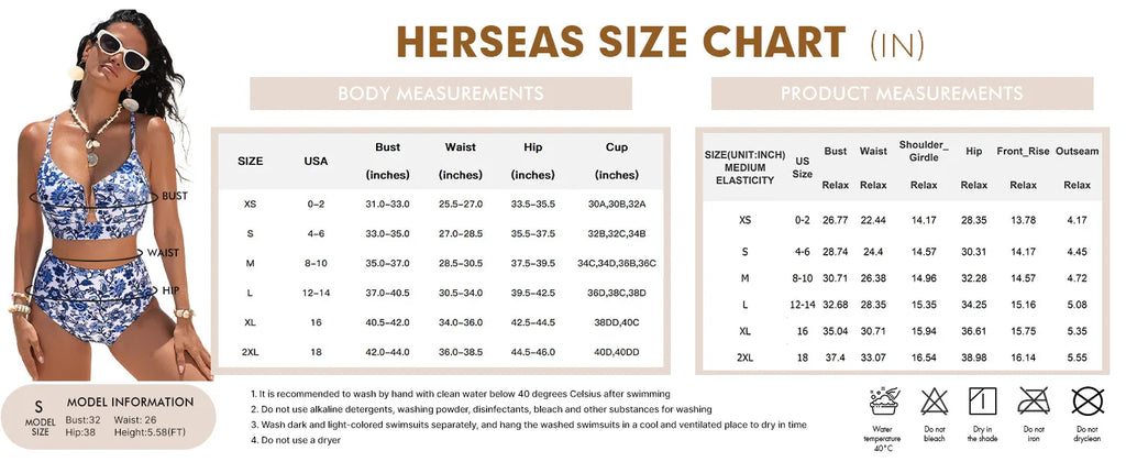Women Sexy Floral Bikini High Waist Tummy Control Floral Bikini U Line Cross Back Padded Bikini Two Piece Beach Swimsuit
